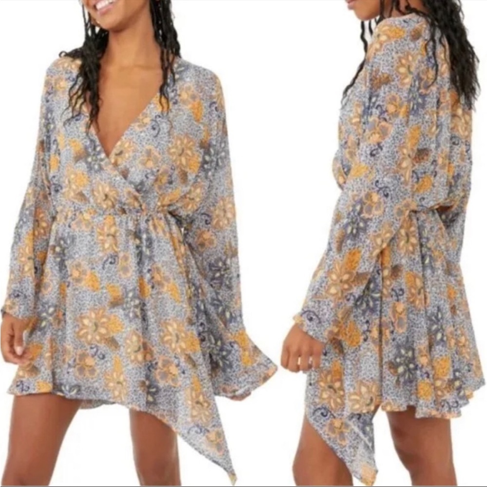 Free People Dress S Teegan Floral Long Sleeve Chiffon Mini Blue